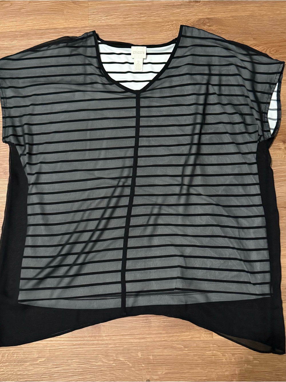 Chico’s Womens Size 2 Sleeveless Sheer Black Overlay Striped Shirt